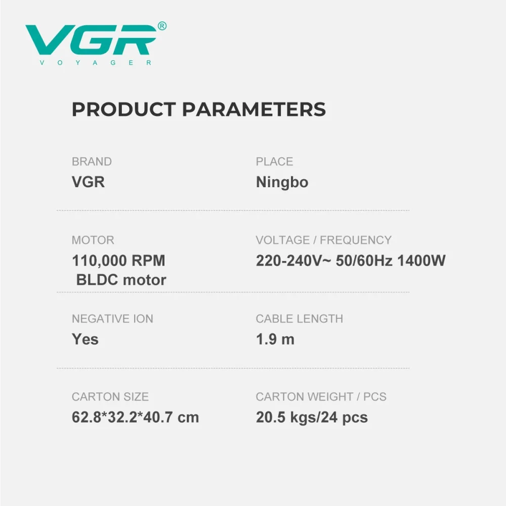 Фен профессиональный VGR V-446 PINK, 2 скорости, 4 температурных режима, 110000RPM, 1400 Вт