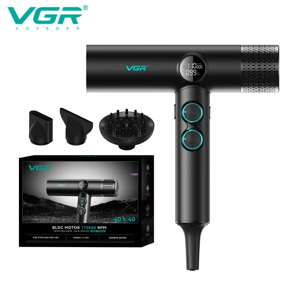 Фен профессиональный VGR V-401 BLACK, 40 уровней обдува 70000 - 110000 RPM, 40 уровней температуры 60°C - 100°C, 3 насадки 